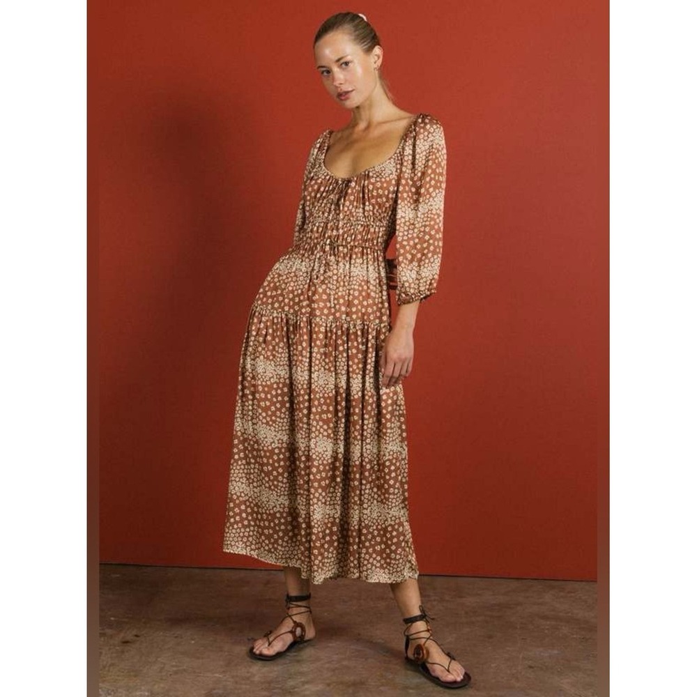 Ciao Lucia Rochelle Dahlia Floral Ruched Midi Dress Square Neck Brown Cream Med